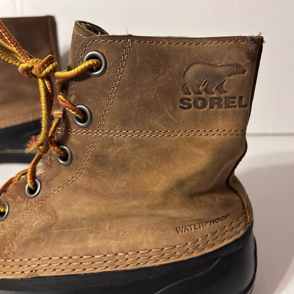 SOREL brown leather-upper rubber duck winter waterproof boots men size 10.5